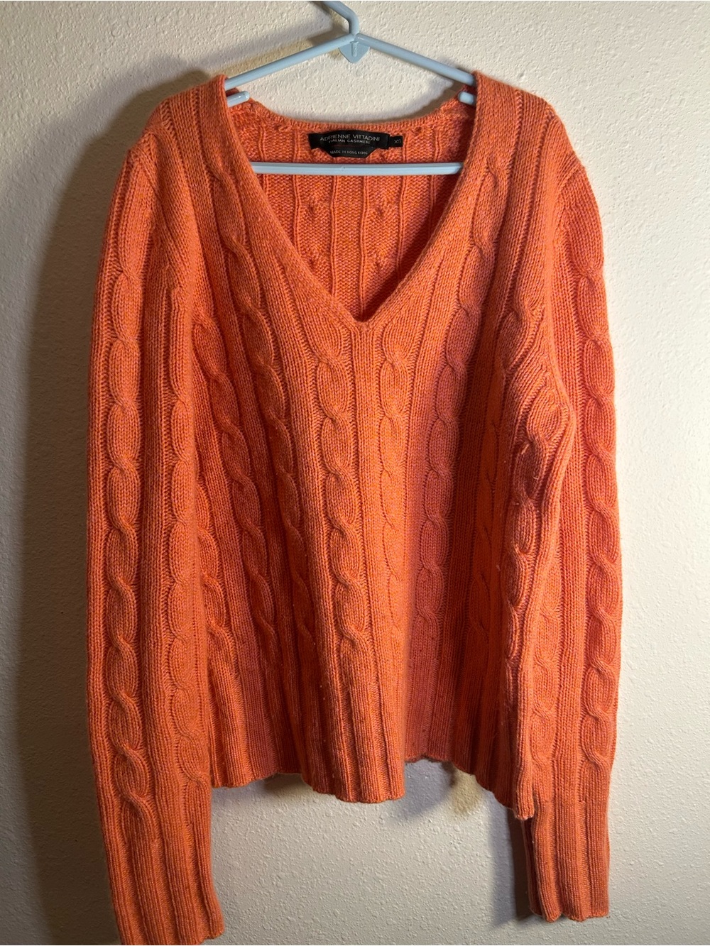 Adrienne Vittadini Bright Orange V-Neck Ribbed Italian Cashmere Blend Sweater